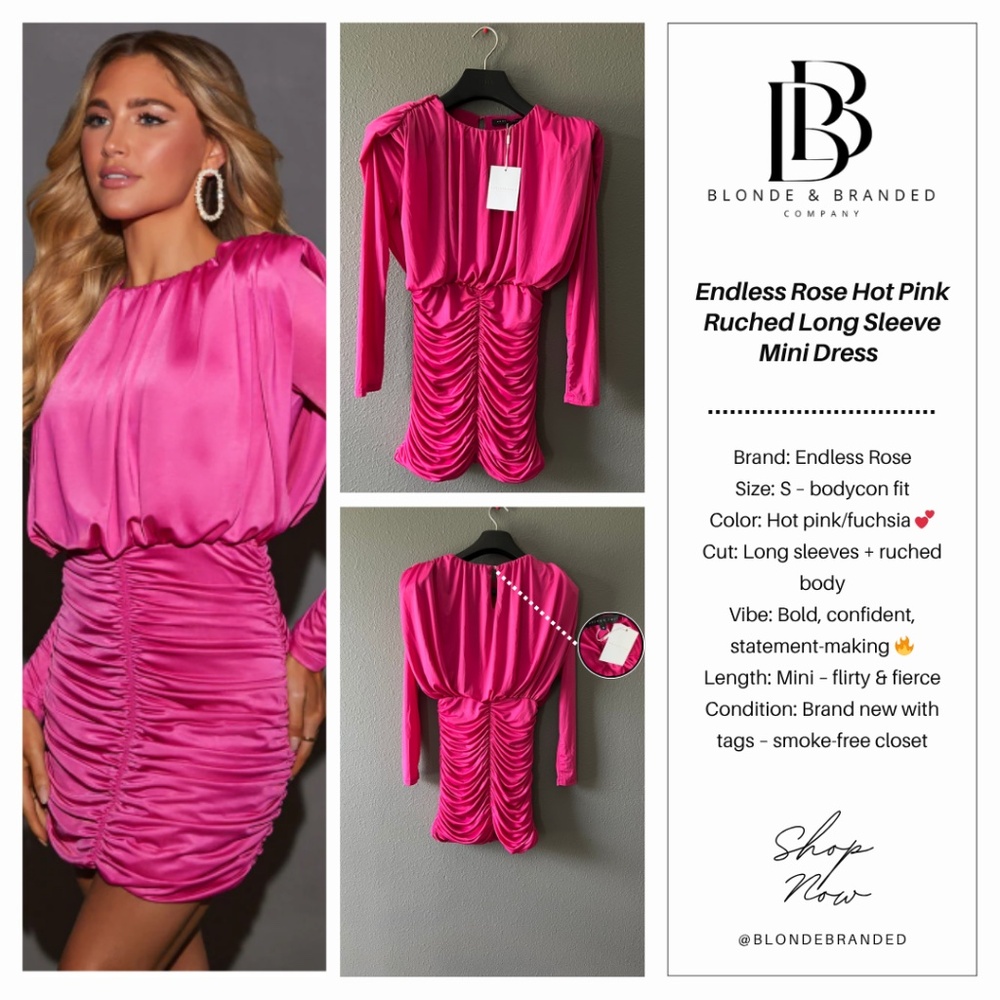 ✨ Endless Rose Hot Pink Ruched Long Sleeve Mini Dress- Size S ✨
